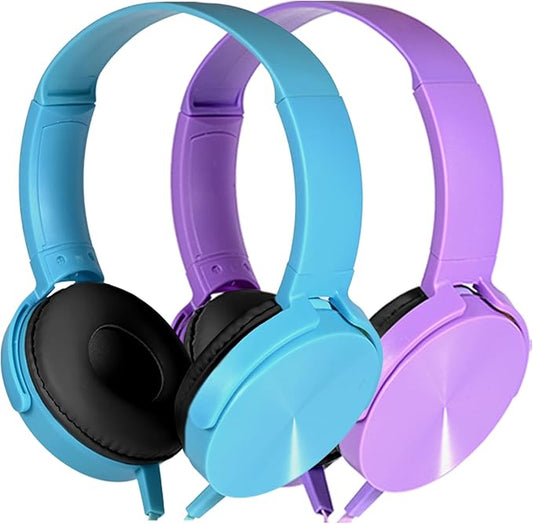 2 Pack Kids Headphones for School Classroom, Wired Computer Online Learning Headset for K-12 Students, Durable Soft Swivel On Ear Pads Earphones for Laptop PC Meetings Calls (Light blue+Purple)
