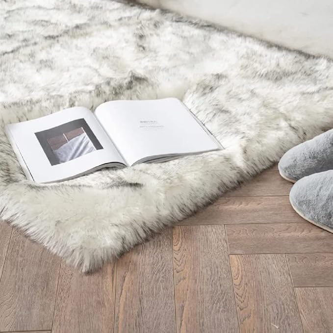 White and Grey 4X6 Faux Sheepskin Shag Fur Runner Rugs for Living Room Bedroom Fluffy Washable Furry Area Rug Nursery Teen Room Décor