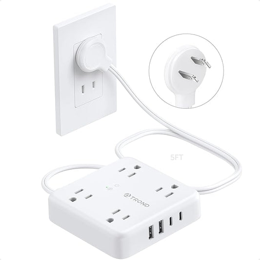 TROND 2 Prong Power Strip 5ft, 2 Prong to 3 Prong Extension Cord, Polarized Flat Plug, 4 AC 4 USB, Wall Mountable Surge Protector Outlet for Non-Ground Socket in Old House School Office, White