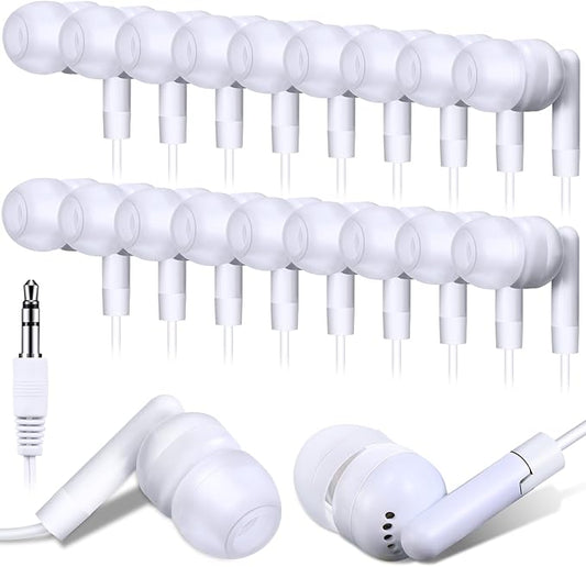 Kanayu 25 Pack Wired Earbuds Bulk for Classroom Ear Headphones Wired Basic Student Earbuds No Microphone with 3.5MM Jack for Class Laptop School Library, Individually Bagged (White)