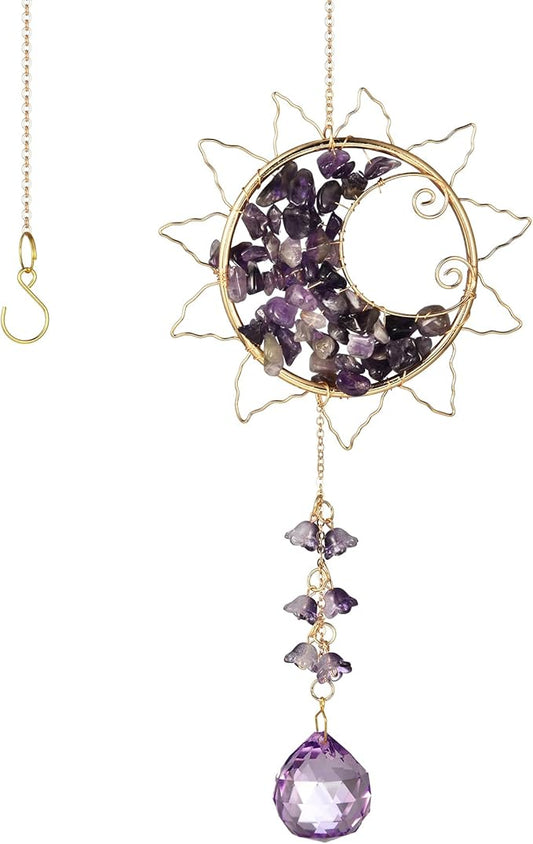 Hanging Sunlight Catcher, Sun & Moon Crystal Suncatcher, Crystal Hanging Ornament, Hanging Crystals for Decoration, Festival Gift, Window Decoration (Purple)