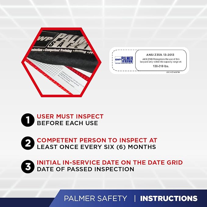 Palmer Safety L121233 6 FT Double Legs Safety Lanyard Internal Shock Absorber w/Dual Snap Hooks I OSHA/ANSI Compliant Restraint Lanyards I Ideal Use for Arborist, Roofer & Construction Workers