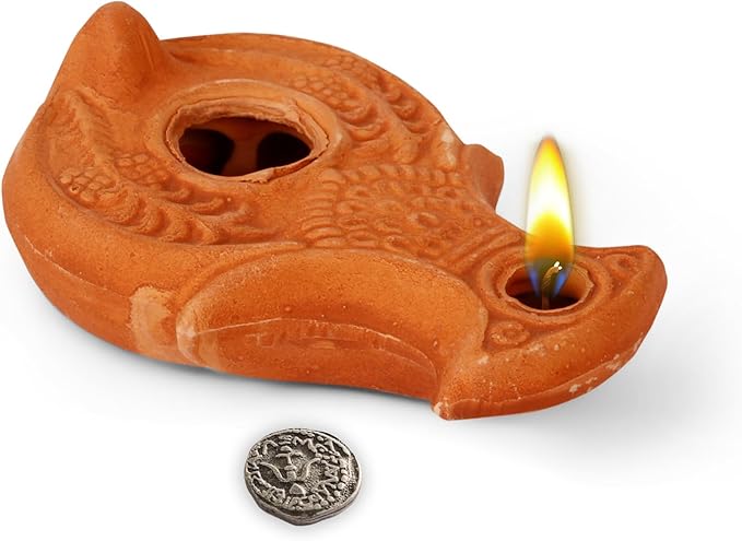 Christian & Jewish Holy Land Oil Lamp with Widow’s Mite Coin – Unique Handmade Gift of Faith
