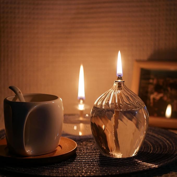 2Pcs Refillable Liquid Petite Glass Oil lamp, Sturdy Borosillicate Glass Oil Candle, Unique Internal Thread Appearance for Fine Dining & Restaurants or Home