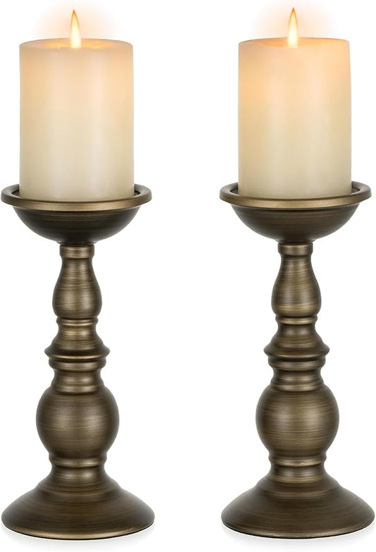 Bronze 2 Pcs Iron Pillar Candle Holders, Most Ideal for 3" Pillar Candles, Gifts for Wedding, Party, Home, Spa, Reiki, Votive Candle (2 x L)