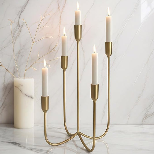 Candelabra for 5 Taper Candles – Hand-Forged Candle Holder with Elegant Vintage Finish – Decorative Centerpiece for Dining Room, Living Room or Mantel Decor（Brass Color-Straight）