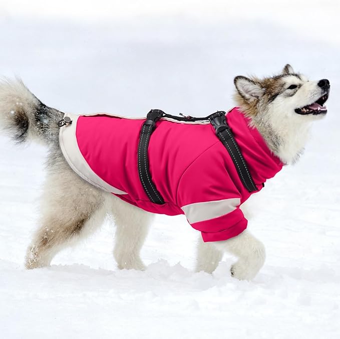 MIGOHI Rainproof Dog Winter Jacket with Harness,XXL Large Fleece Dog Coat with Sleeves,Adjustable Pet Puffer Jacket Snowsuit Cold Weather Coats for Golden Labrador Retriever,XXL,Rosered