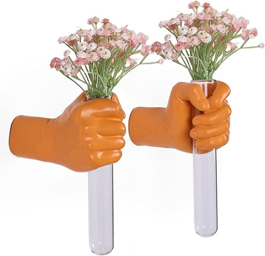 2 Pieces Wall Sculptures, Hands Vase Home Decor, Wall Mount Art Sculpture, Unique Wall Art Statue, Funky Flower Vase Decorations, Modern Eclectic Hanging Decor,Hands Statue (Orange(L+R))