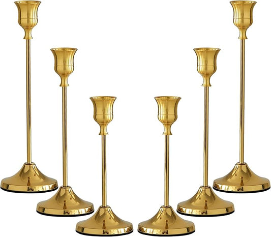 Taper Candle Holders, Tall Vintage Metal Candlestick Holders, 6 PCS Gold Candle Sticks Holders for Home Decor Table Centerpiece Wedding Housewarming Festival, Gold, 2 Sets (6 pcs)