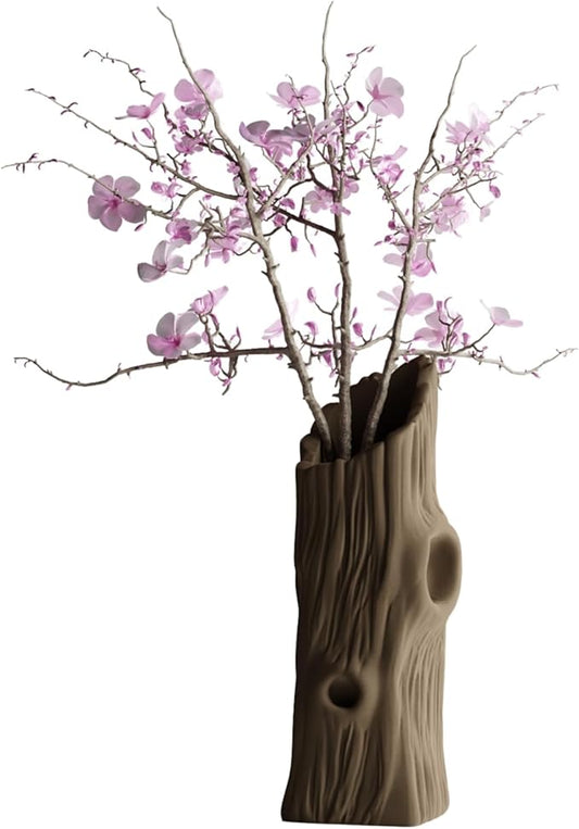 3D Printed Tree Trunk Vase, Realistic Bark Texture Sculptural Vase, Asymmetric Planter for Dried Flowers, Natural Wood Look Home Decor (2.87"x 2.76" x 7.87")