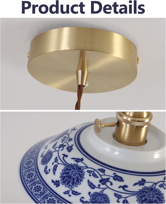 Mid Century Modern Ceramic Pendant Light,Blue and White Oriental Pattern for Living Room Dining Room Kitchen Island,φ 9.4"
