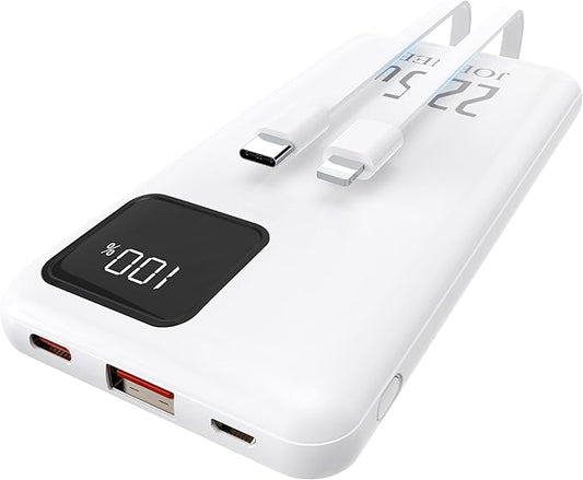 Portable Charger built-in Cables,Super fast charging Power Bank with Cords Wires,Slim 10000mAh Travel Battery Pack 4 Outputs 2 Inputs 3A Fast Charging compatible with IPhone Samsung Android (White)