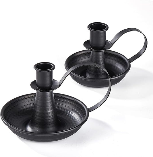 Black Iron Pillar Candlestick Holders, with Handle, Taper Candle Holder for Candlesticks, for Fireplace Party, Dining, Home, Wedding Decor,Fits 3/4 inch Thick Candle&Led Candles（Set of 2pcs）