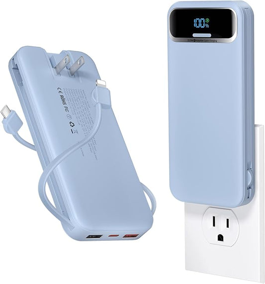 12000mAh Lightweight-Portable-Charger-Power-Bank with Built-in Cables and AC Wall Plug, PD20W USB-C Fast Charging Battery Pack, LED Display External Travel Phone Charger for All iPhone,Samsung,Android