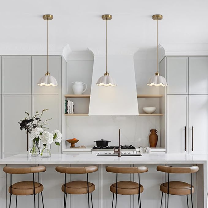 Modern Gold Milk Glass Pendant Light Mid Century Adjustable White Ceramic Hanging Light Fixture Vintage Brass Pendant Light Kitchen Island Nordic Hanging Lamp (2 Pack) MPL11-2 GD