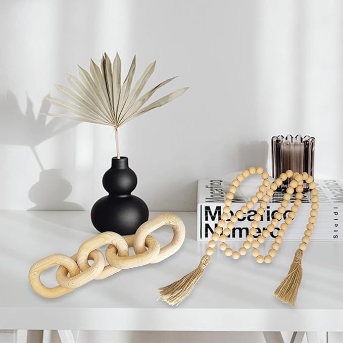 2 Pieces Decorative 5 Link Wooden Chain Decor and Bead Boho Farmhouse Rustic Home Table Decor Coffee Table Shelf Aesthetic Modern Bookshelf Table Wooden Decortion (Natural)