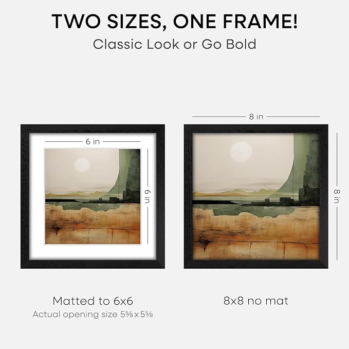 Homeforia 8x8 Picture Frame Black Wood, High-End Oak 8 x 8 Square Frames with Mat 6 by 6 inch Photo, 8x8 Wooden Frame Matted to 6x6 Art, 8by8 Wall or Tabletop Frame, Tempered Glass, Wall Kit, Set of 3