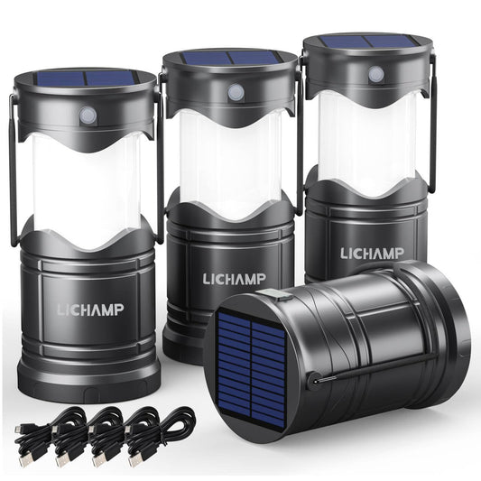 Lichamp 4-Pack Solar Camping Lanterns, USB Rechargeable LED, Battery Powered, Dark Gray, Model CLS-K004GH