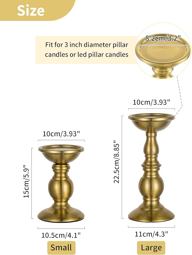 NUPTIO Gold Candle Holder for Table: Brass Pillar Candle Stand Decorative for Fireplace Decor - Metal Vintage Candleholder for Christmas New Year Party Centerpiece(2 x S)