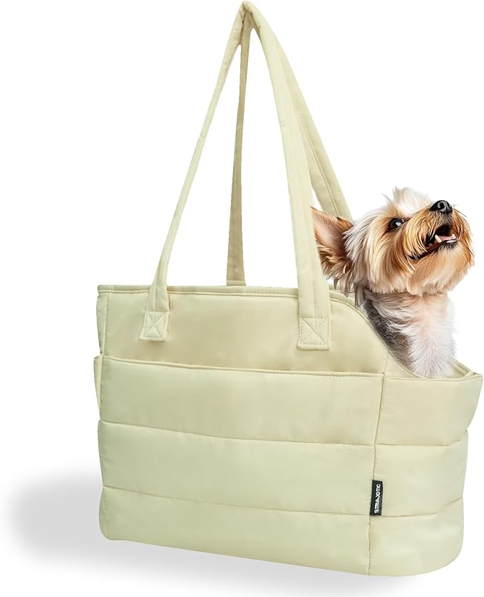 STRAODTIC Lightweight Dog Purse Carrier for Small Dogs Under 15 lbs, Puffy Quilted Pet Carrier Tote for Puppies with Safety Leash Clip, Women's Hands-Free Dog Carrier Bag for Travel/Shopping (Beige)