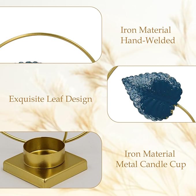 2-Pack Brass Floral Candle Holders – Elegant Leaf Design Tealight Holders for Table Centerpieces, Wedding, Housewarming & Holiday Décor (Blue Leaf)
