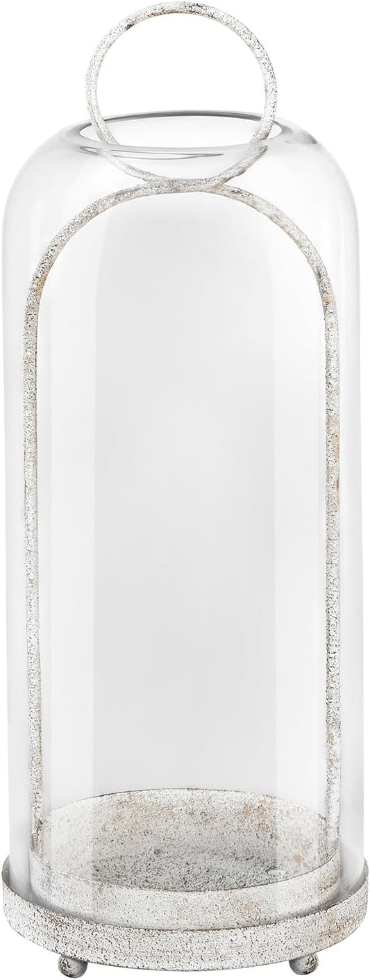 20" High Versatile Modern Metal Hurricane Lantern with Handmade Sturdy Glass Dome in Vintage White for Pillar Candle & Plants, Industrial, Farmhouse, Shabby Chic