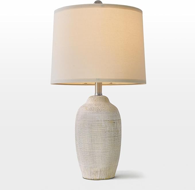 24 inch Vintage Ceramic Table Lamp - Single Farmhouse Rustic Bedside Lamp with Natural Textured Finish, Nightstand Lamps for Living Room, Bedroom, End Table Beige