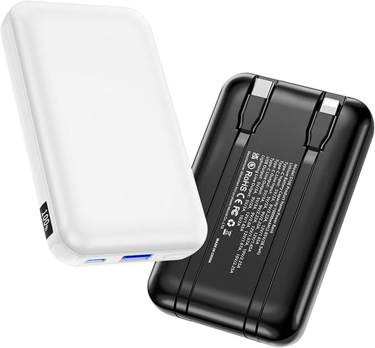 2 Pack 10000mAh 22.5W Fast Charging Power Bank-Slim Portable Charger with Built-in Cords, USB C in&Out, 2 Outputs 2 Inputs, LED Display for iPhone 17-12, Samsung, Android (White&Black)