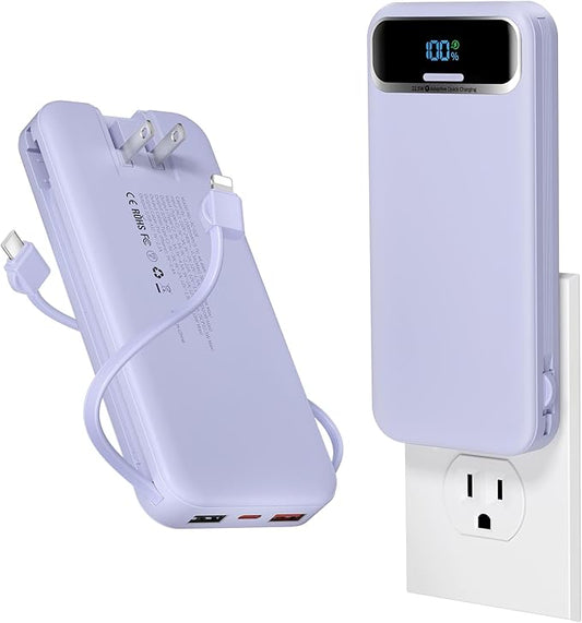 12000mAh Lightweight-Portable-Charger-Power-Bank with Built-in Cables and AC Wall Plug, PD20W USB-C Fast Charging Battery Pack, LED Display External Travel Phone Charger for All iPhone,Samsung,Android