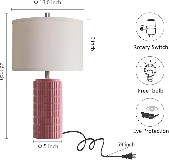 23" Set of 2 Pink Ceramic Table Lamp for Living Room Bedroom, Modern Farmhouse Nightstand Desk Lamps for Dining Room Dresser End Table Entryway, 2 LED Bulbs Included