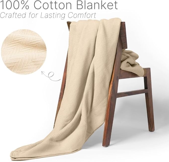 Queen Size Multipurpose Blanket, 100% Extra Long Staple Cotton, Soft & Breathable Herringbone Weave, Beige, Lightweight, Machine Washable, All-Season Throw Blanket for Bedroom & Travel