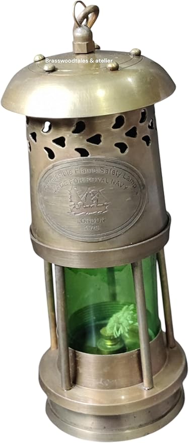 BRASSWOOD TALE & Atelier Brass Oil Lamp, Nautical Ship Lantern with Green Glass, 6 Inch, Polished Finish, Marine Décor