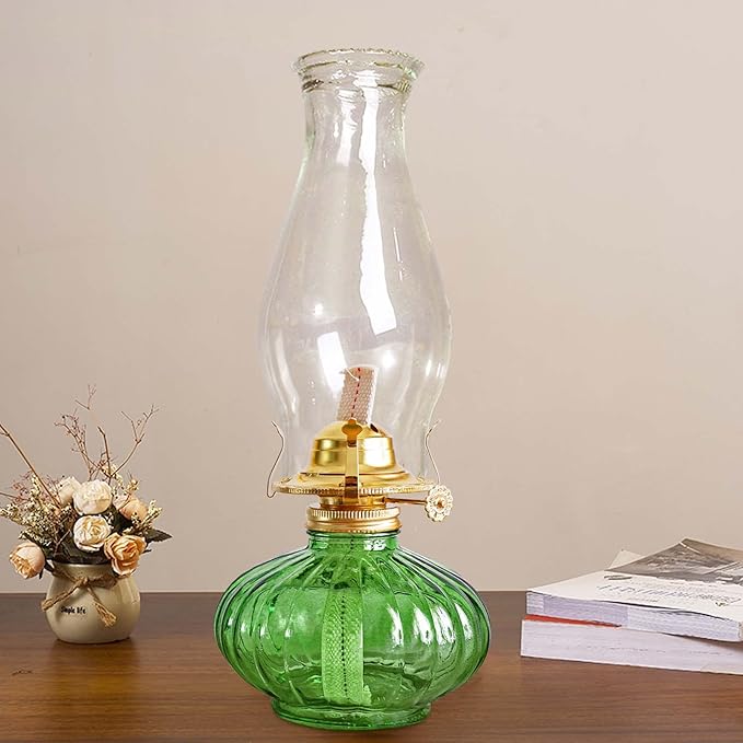 Large Oil Lamp for Indoor Use,Rustic Kerosene Lamp with 2 Pcs Wicks and 1 Tweezers,Glass Hurricane Lantern for Home Emergency Lighting (Green)