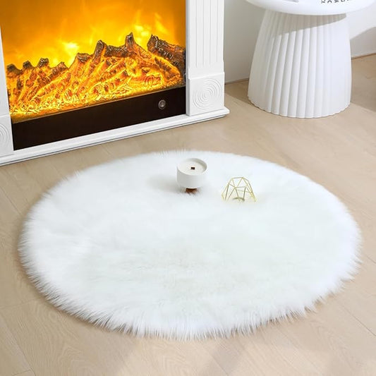 Faux Fur Rug Sheepskin Fuzzy Rug Super Soft Fluffy Plush Area Rug Bedroom Floor Children's Room Sofa Cushion Living Room Bedside Rugs (White,3×3 ft Rotund)