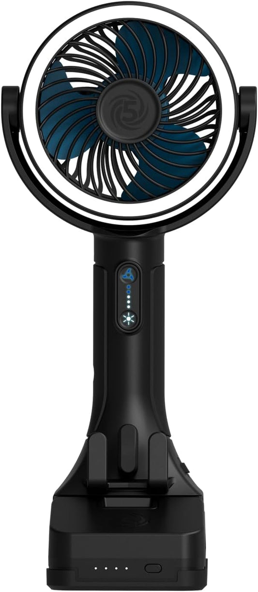 CANE5 AirLux Pro, Portable Fan, 180-Degree Tilt Head, 5 Speeds, 18MPH Wind Velocity, Rechargeable 20V Battery, [40 Working Hours], USB Power Bank, LED Ring Light, Hands-Free Smart Hook