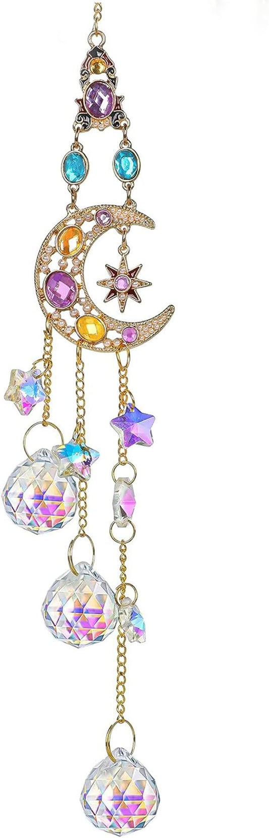 H&D HYALINE & DORA Handmade Crystal Moon&Star Prisms Suncatchers, Glass Window Hanging Ornament, Rainbow Rhinestones Decor for Home Garden Imitation Jewellery