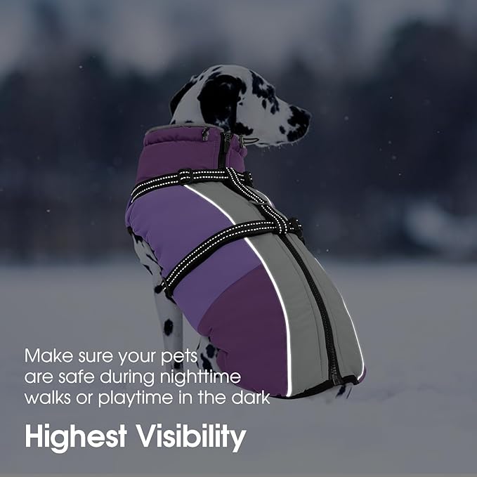 SUNFURA Dog Coat for Small Dogs, Warm Dog Winter Jacket with Harness Built in, Waterproof Pet Snow Jacket Fleece Cold Weather Coats for Puppy Chihuahua, Maltese, Purple XS