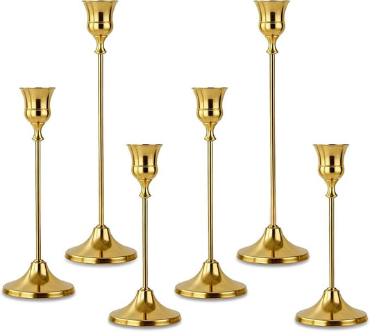 Candlestick Holders 6pcs Gold Candle Holders, Brass Metal Taper Candle Holders, Vintage Modern Decorative Centerpiece Candle Sticks Holder Decor for Table Mantel Wedding Party Housewarming Gift