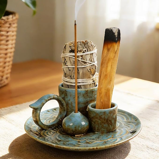 4-in-1Blue Ceramic Palo Santo Burner Holder - Small Incense Burner & Smudge Tray Bowl for Incense Sticks/Cones & Sage - Ideal for Meditation Rooms,Zen and Aromatic Scents - Matches Compatible