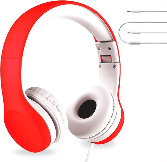 LilGadgets Connect+ Foldable Headphones, Adjustable Fit Soft Touch Padding for Kids with Mic, Volume-Limited & Noise Reduction On-Ear Wired Headset for School with SharePort - Red, Ages 3-14