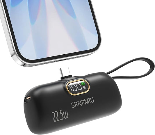 Portable Charger for iPhone 17/16/15 Series, 5000mAh Mini Power Bank with Built-in USB C Connector, 22.5W Fast Charging Battery Pack for Samsung Galaxy S25/S24/S23 Series, iPad etc (Black)