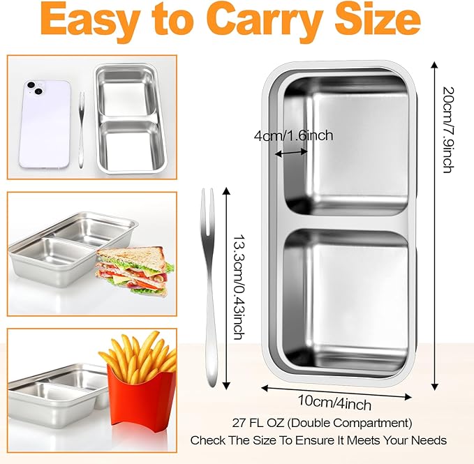 vovoyager Stainless Steel Snack Containers with Lids, Reusable Bento Lunch Container Box, Food Storage, Leak Proof, Dishwasher-Safe, Grab and Go for Work, 6 Pack (Double Compartment)