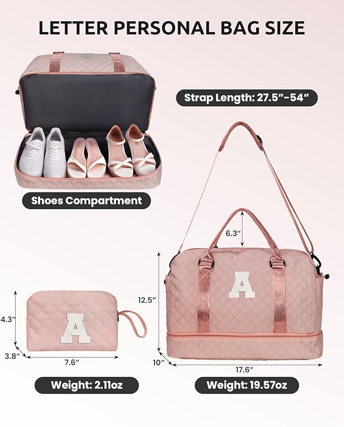 Vogewood Birthday Gifts for 4 5 6 7 8 9 10 11 12 13 14 Year Old Girls-Duffle Bag with Shoe Compartment, Personalized Weekender Bag, Overnight Bag for Women, Travel Bag with Makeup Bag (Letter J)
