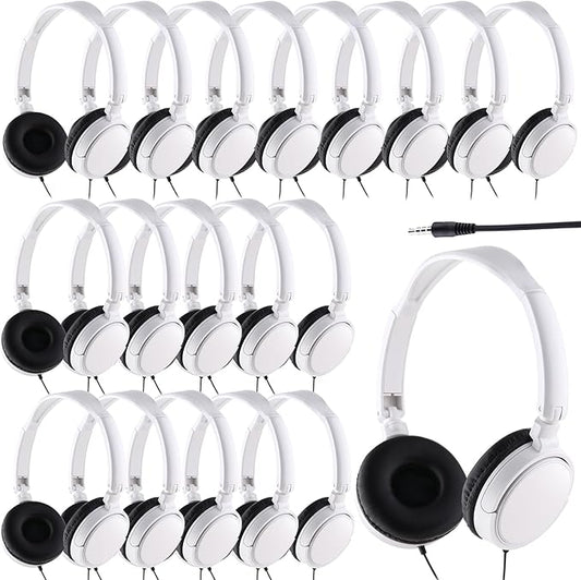 Yunsailing 18 Pack Classroom Headphones Bulk Student Wired Class Headphones Set for School with Individually Wrapped Adjustable Over Ear Head Earbuds (White)