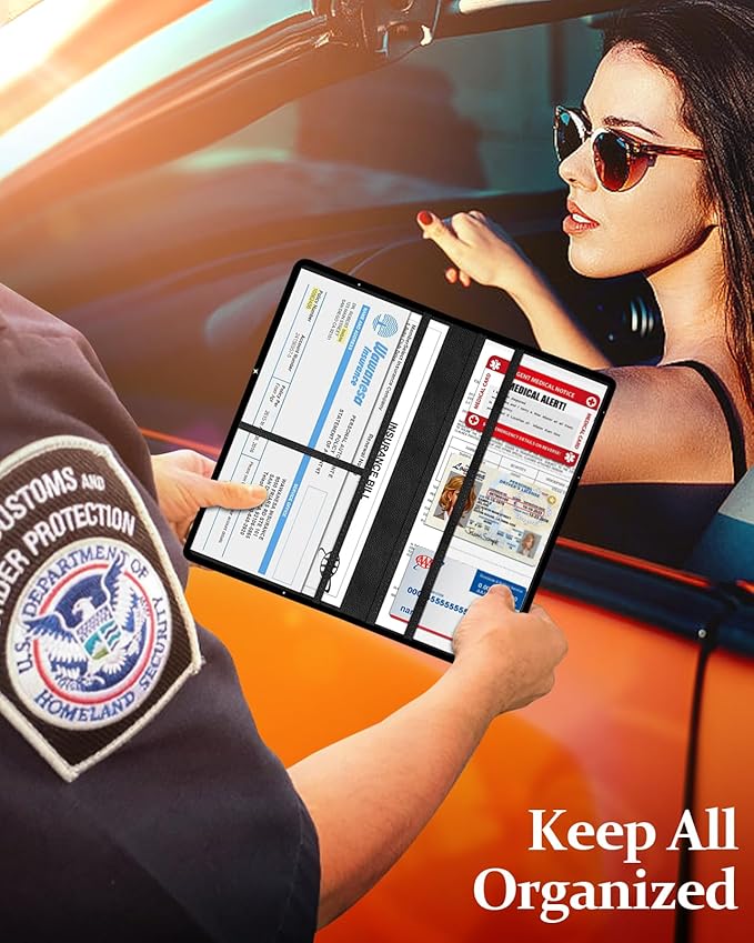 Slohif Car Registration and Insurance Holder - Skeleton Vehicle Glove Box Organizer Women with Magnetic Shut Leather Automobile License Holders Coasters Auto Accessories Case for Document