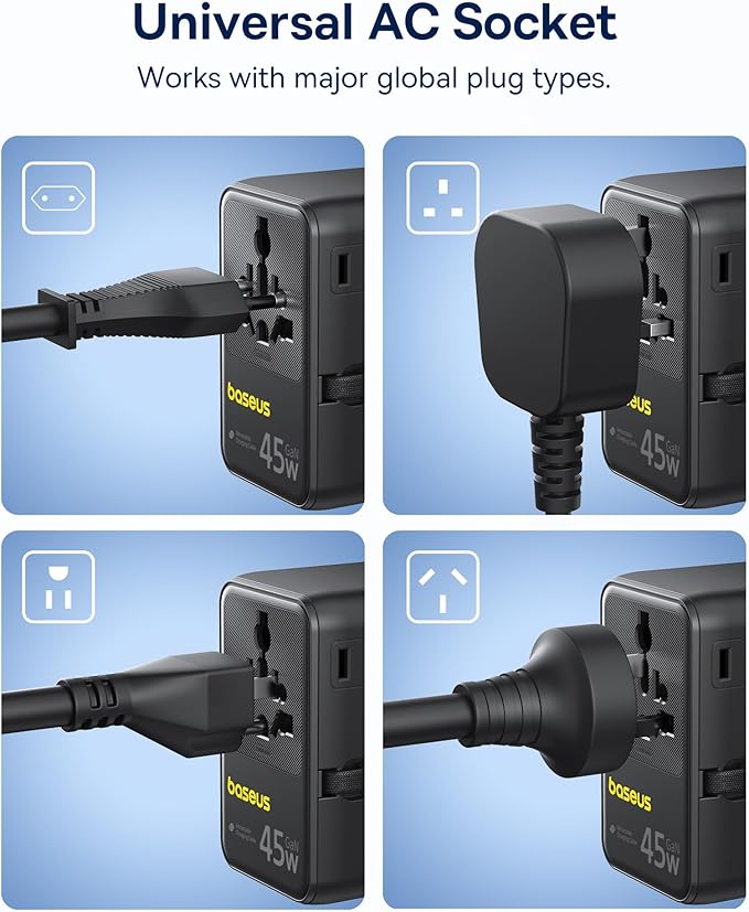 Baseus 45W European Travel Plug Adapter, 6-in-1 Universal Power Adapter with USB-C Retractable Cable, PD Fast Charging GaN International Travel Essentials for Over 200 Countries - Picogo AG11
