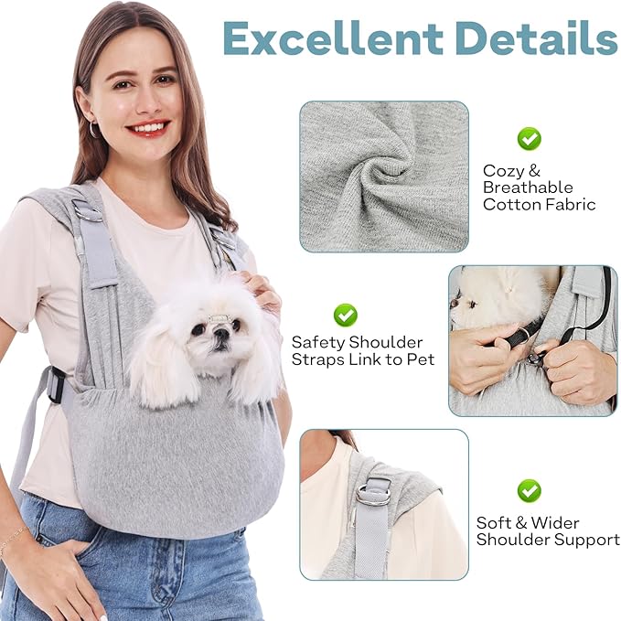 Supet Dog Carrier Sling for Small Dogs, Front Facing Cat Sling Carrier Chest, Hands Free Pet Sling Carrier, Adjustable Dog Front Carrier, Reducing Back Pain, Anti Pet Anxiety (Grey, Regular)