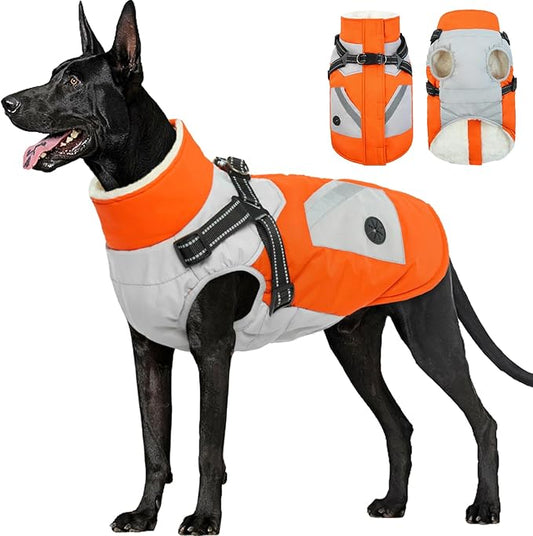 FUAMEY Dog Winter Jackets for Large Dogs,Dog Coat with Harness Built in,Waterproof Dogs Snowsuits Warm Pet Jacket Zip Up Fleece Cold Weather Coats Reflective Safety Pets Hunting Vest Orange 2XL