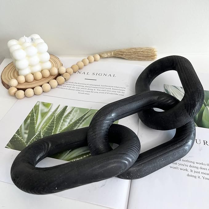 Wood Chain Link Decor3 Link Chain Decoration Pine Wood Carved Modern Home Decoration Used for Farmhouse Decoration Living Room Bedroom Bookcase Porch Decoration (A)