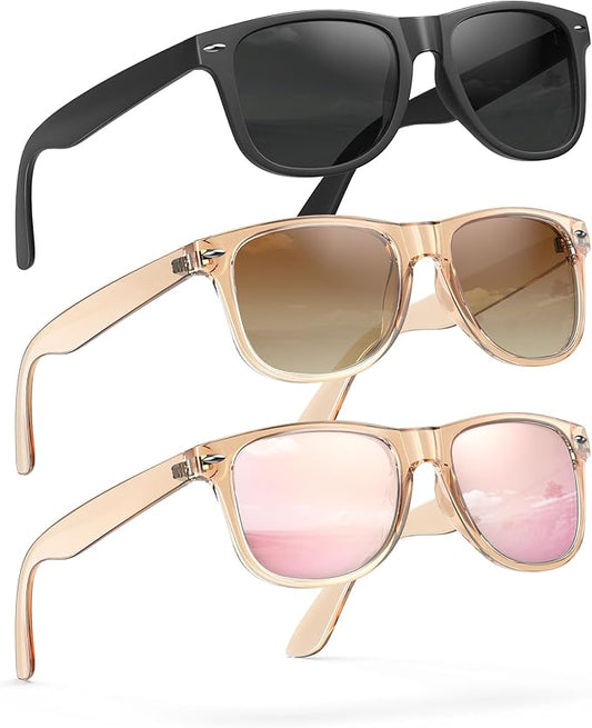 Sunglasses Womens Men Polarized UV400 Protection Trendy Classic Retro Square Mirrored Womens Sunglasses 3 Pack
